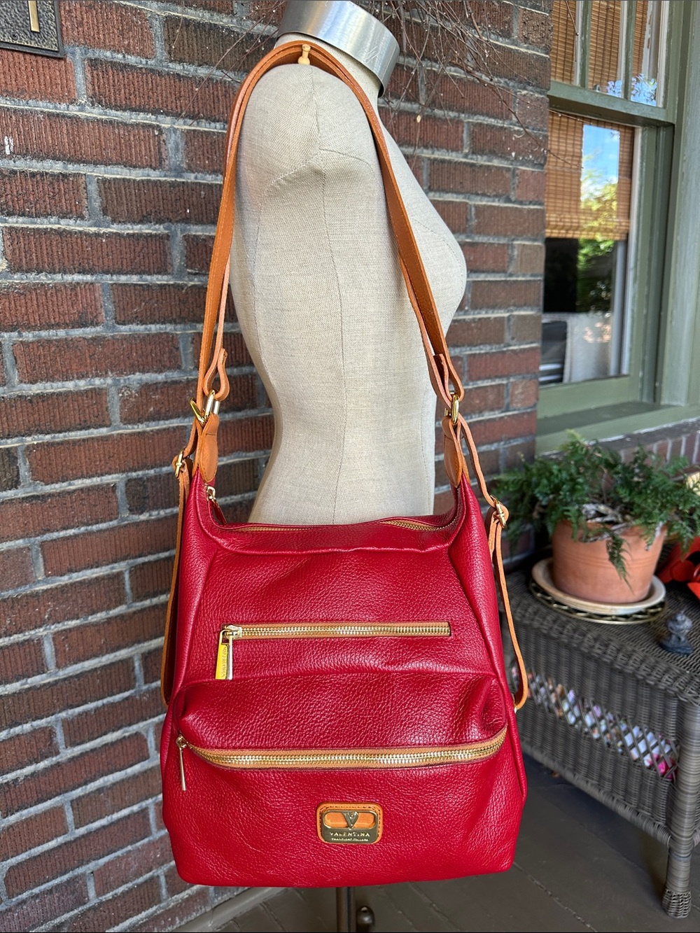 Valentina red leather convertible shoulder bag/backpack w/tan straps/Italy